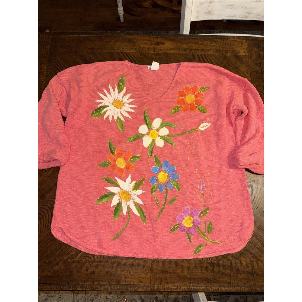 Avalin Sweater Lagenlook Boxy Hand Painted Floral USA Artsy Boho One Size